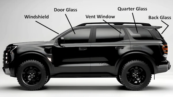 Diagram showing windshield, door glass, vent glass, quarter glass, and back glass on a vehicle